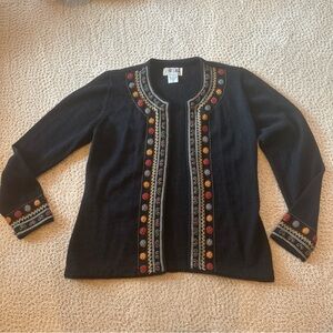 Baby Sumac Alpaca Black Cardigan with Colorful Embroidery Hand Knit Medium
